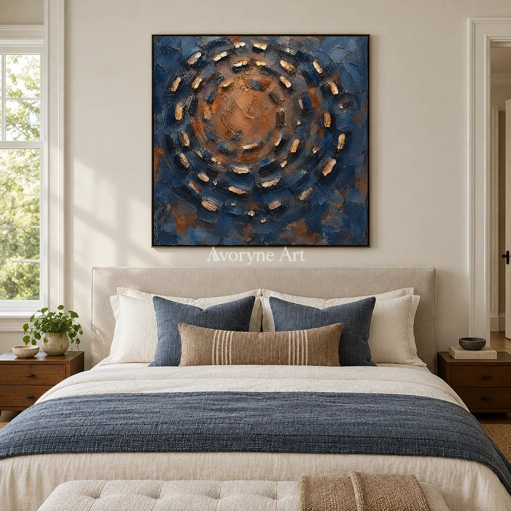 Cobalt Orbit: Blue Concentric Impasto Wall Art — bedroom black