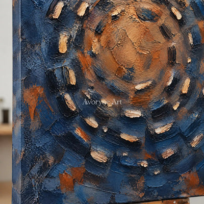 Cobalt Orbit: Blue Concentric Impasto Wall Art — detail easel