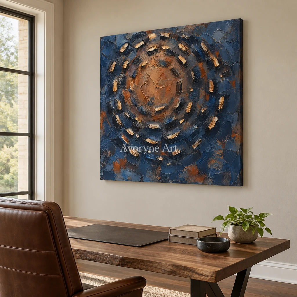Cobalt Orbit: Blue Concentric Impasto Wall Art — office frameless