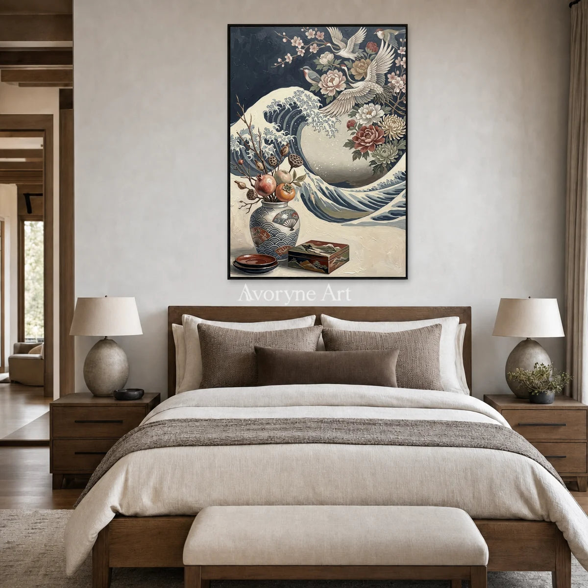 Cranecrest Bloom: Blue Crane Wave and Flower Vase Wall Art — bedroom black