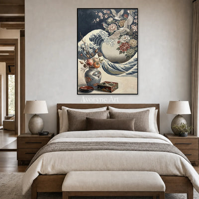 Cranecrest Bloom: Blue Crane Wave and Flower Vase Wall Art — bedroom black
