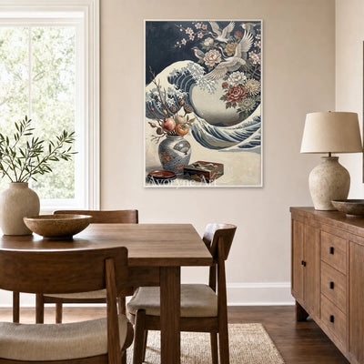 Cranecrest Bloom: Blue Crane Wave and Flower Vase Wall Art — dining white