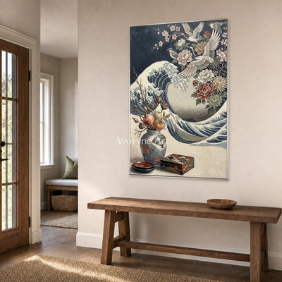 Cranecrest Bloom: Blue Crane Wave and Flower Vase Wall Art — entry silver