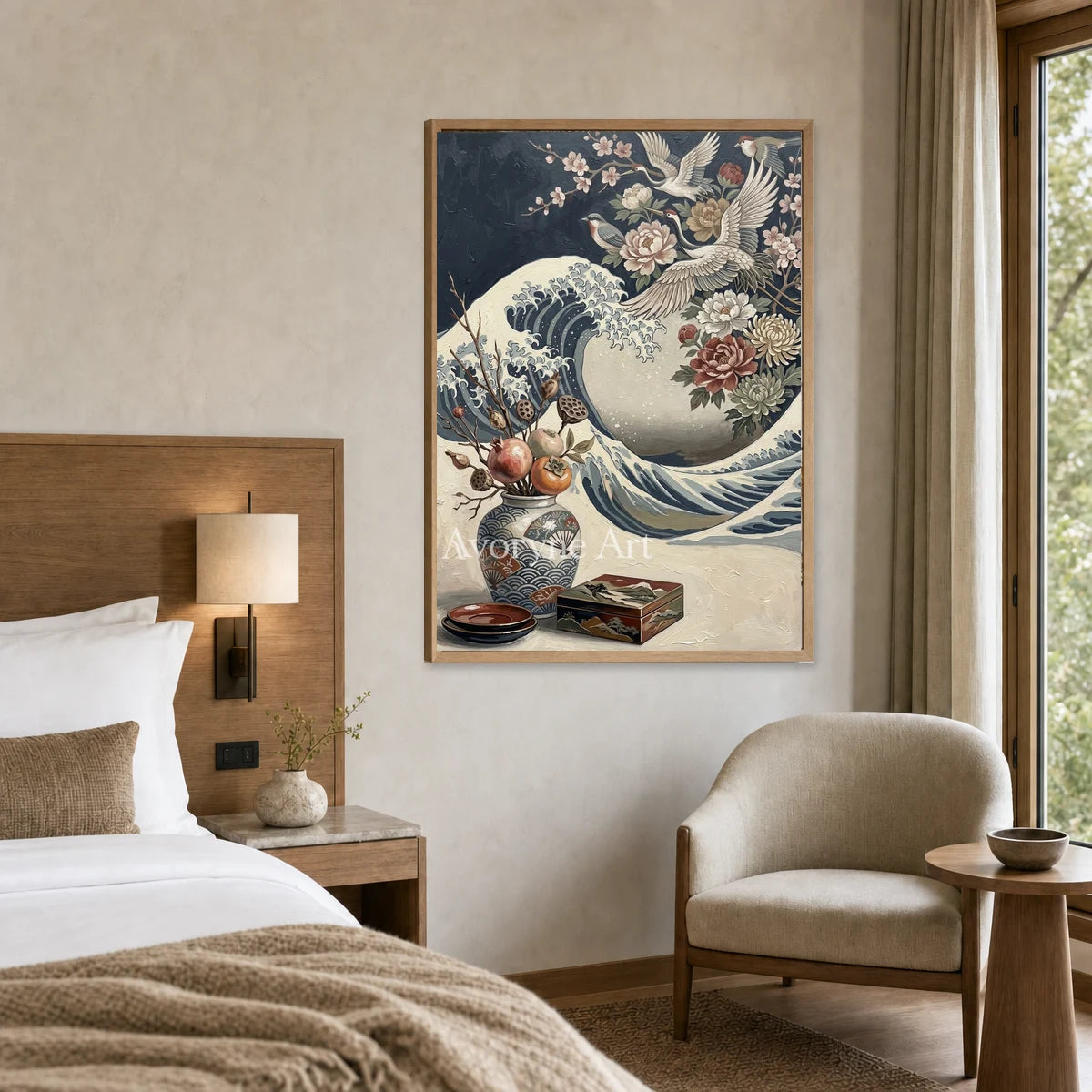Cranecrest Bloom: Blue Crane Wave and Flower Vase Wall Art — hotel wood