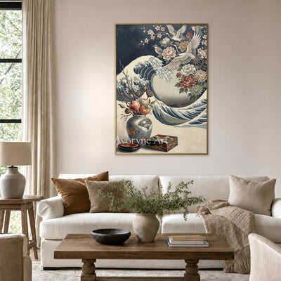 Cranecrest Bloom: Blue Crane Wave and Flower Vase Wall Art — living gold