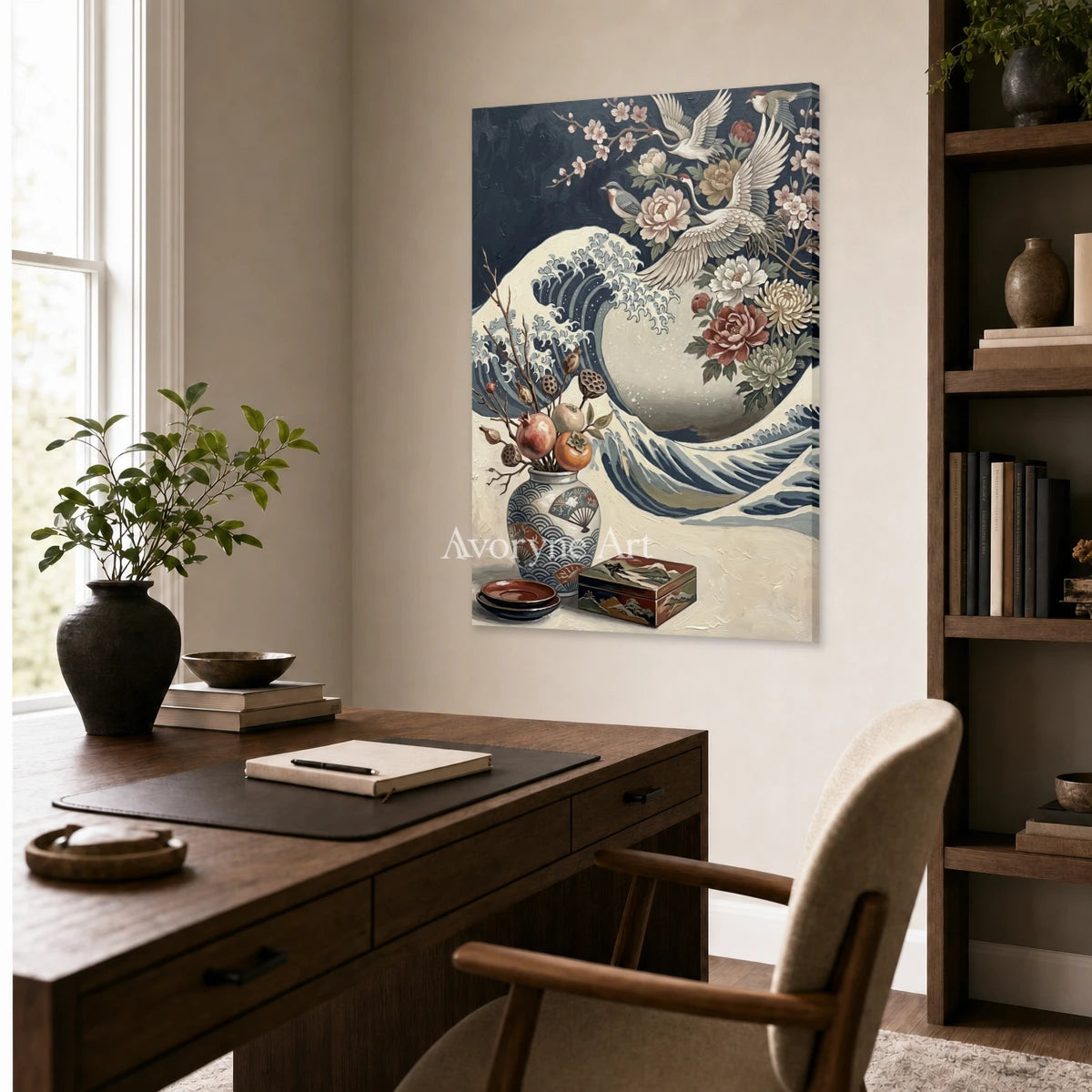 Cranecrest Bloom: Blue Crane Wave and Flower Vase Wall Art — office frameless