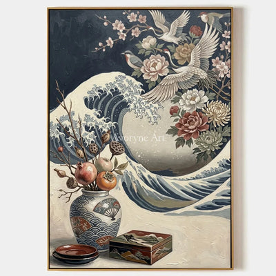 Cranecrest Bloom: Blue Crane Wave and Flower Vase Wall Art — primary