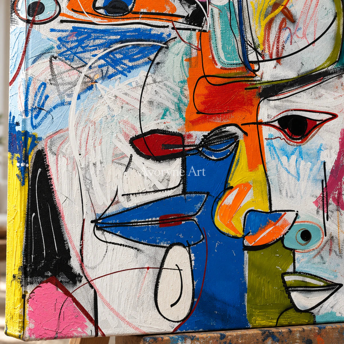 Intersecting Voices: Blue Cubist Face Wall Art — detail easel