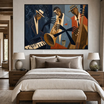 Brass After Hours: Blue Cubist Jazz Musicians Wall Art — bedroom black