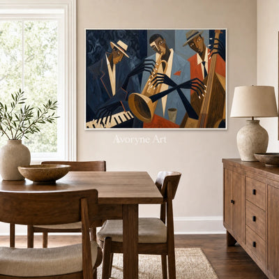 Brass After Hours: Blue Cubist Jazz Musicians Wall Art — dining white