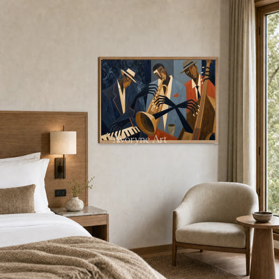 Brass After Hours: Blue Cubist Jazz Musicians Wall Art — hotel wood