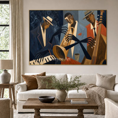 Brass After Hours: Blue Cubist Jazz Musicians Wall Art — living gold