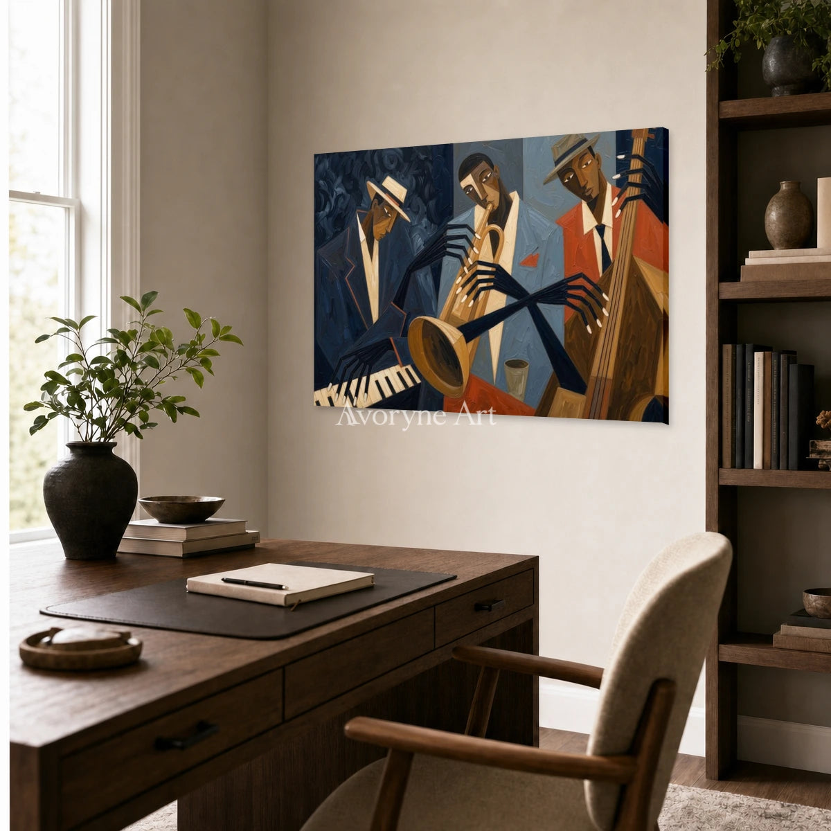 Brass After Hours: Blue Cubist Jazz Musicians Wall Art — office frameless