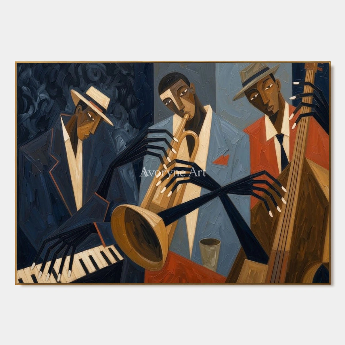 Brass After Hours: Blue Cubist Jazz Musicians Wall Art — primary