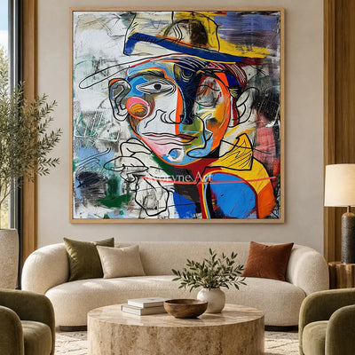 Prismatic Gentleman: Blue Cubist Portrait Wall Art — hotel wood