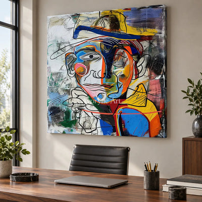 Prismatic Gentleman: Blue Cubist Portrait Wall Art — office frameless