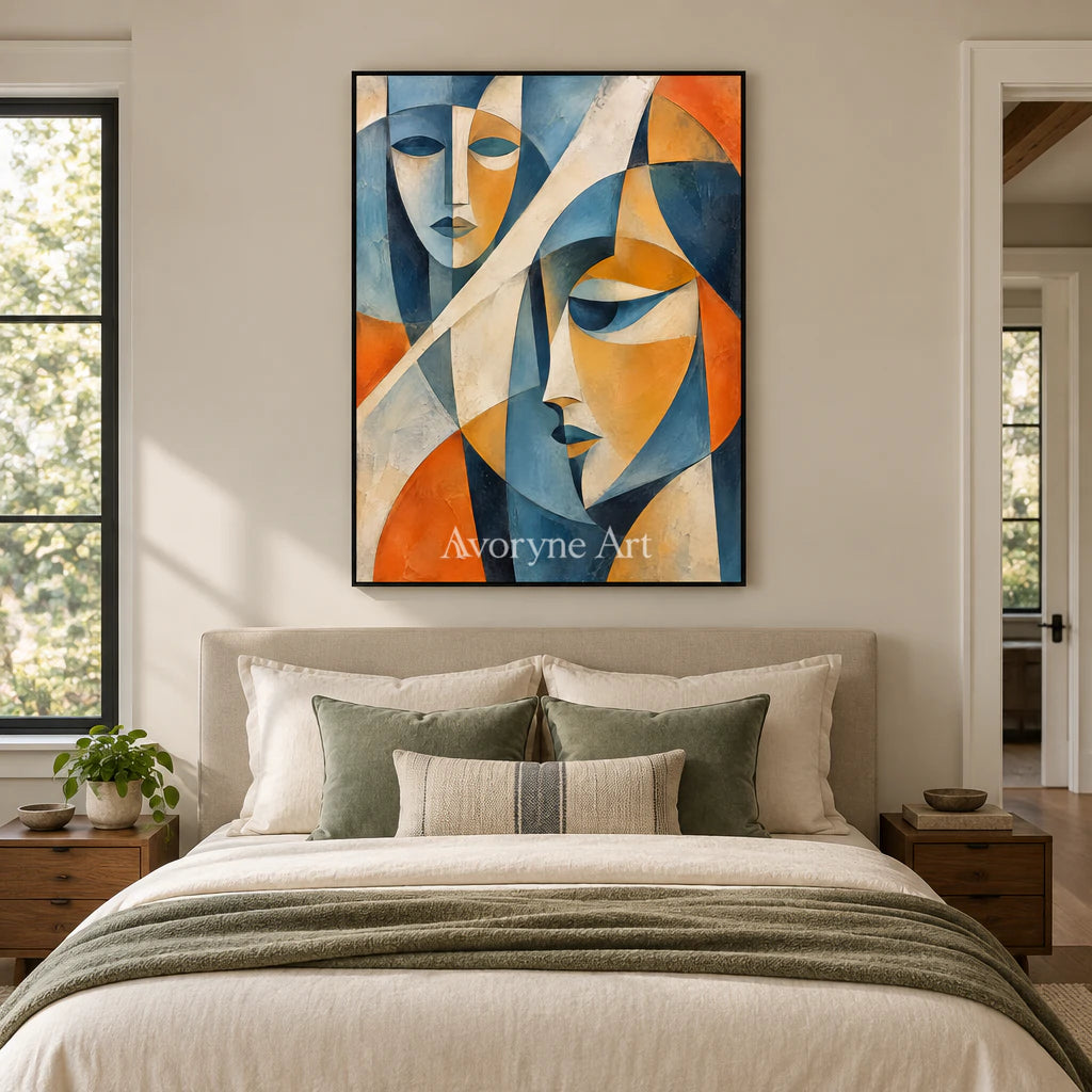 Faceted Dialogue: Blue Cubist Portrait Wall Art — bedroom black