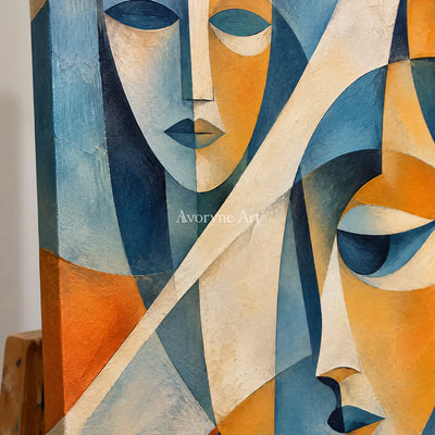 Faceted Dialogue: Blue Cubist Portrait Wall Art — detail easel