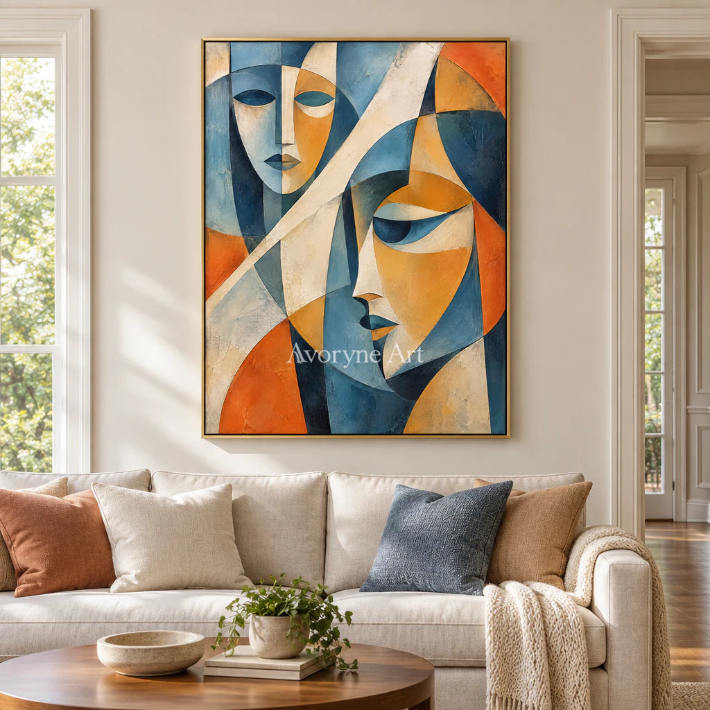 Faceted Dialogue: Blue Cubist Portrait Wall Art — living gold