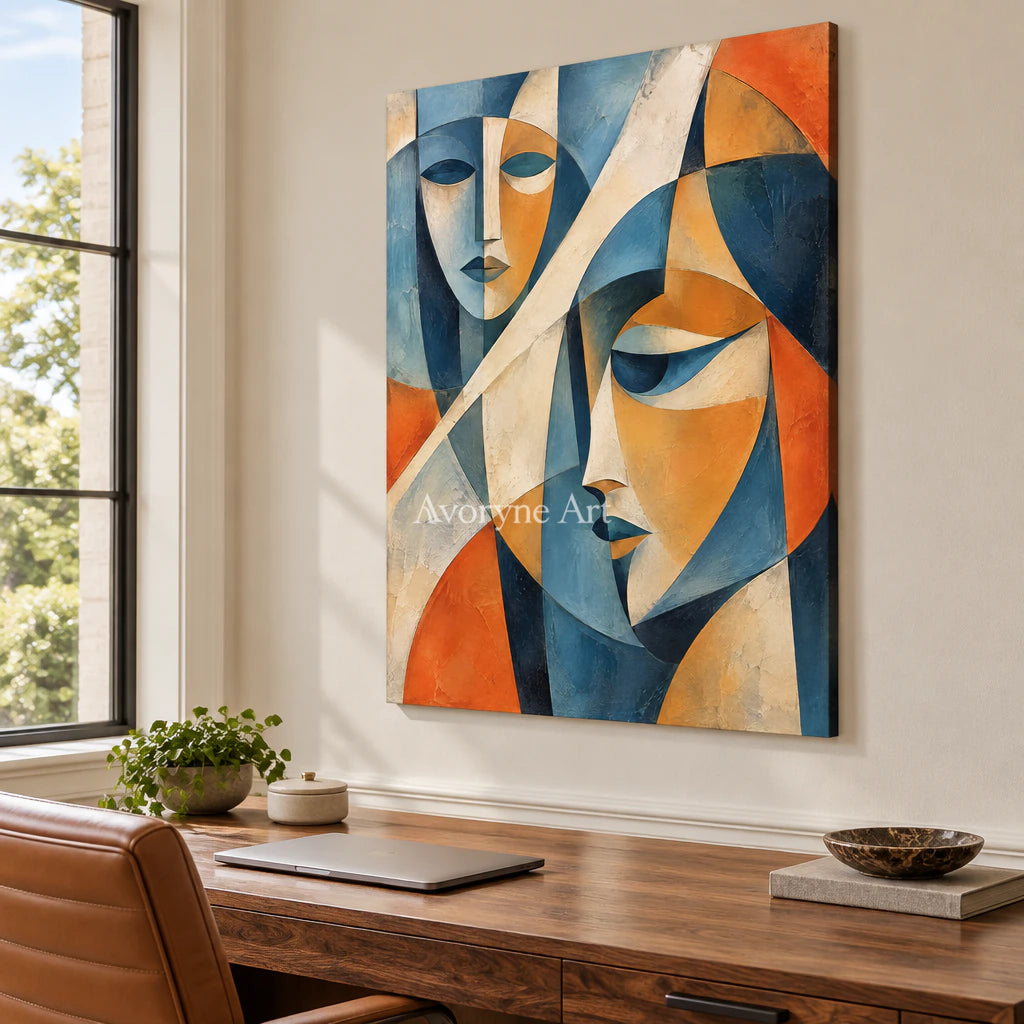 Faceted Dialogue: Blue Cubist Portrait Wall Art — office frameless