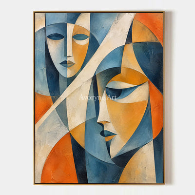Faceted Dialogue: Blue Cubist Portrait Wall Art — primary