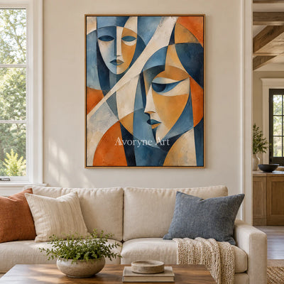 Faceted Dialogue: Blue Cubist Portrait Wall Art — villa wood