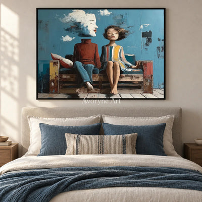 Where the Wind Sits: Blue Dreamlike Couple on Bench Wall Art — bedroom black