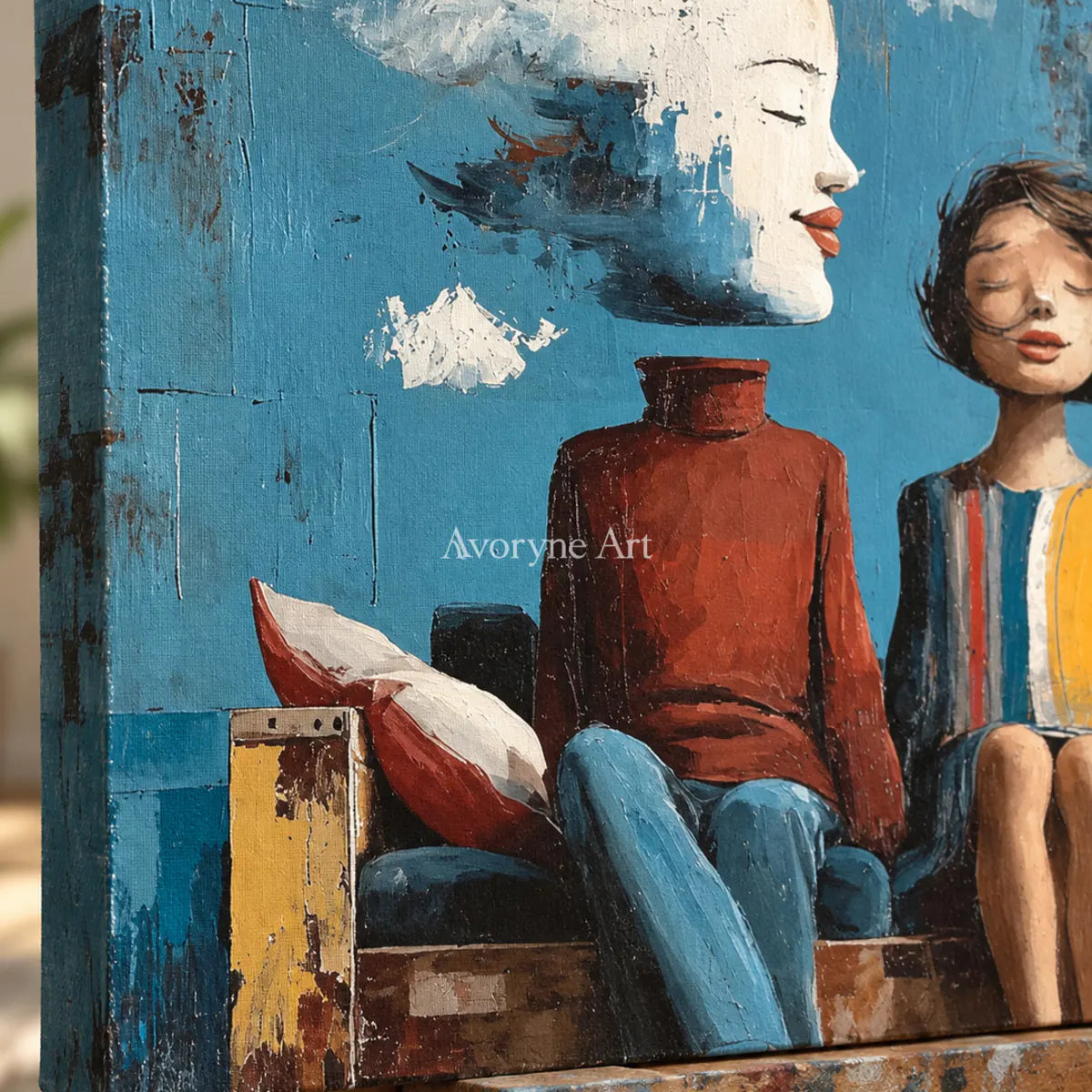 Where the Wind Sits: Blue Dreamlike Couple on Bench Wall Art — detail easel