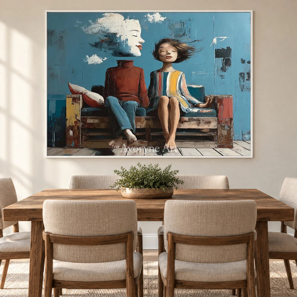 Where the Wind Sits: Blue Dreamlike Couple on Bench Wall Art — dining white