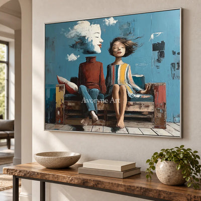 Where the Wind Sits: Blue Dreamlike Couple on Bench Wall Art — entry silver