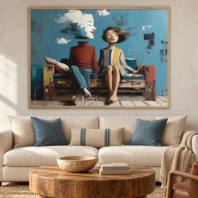 Where the Wind Sits: Blue Dreamlike Couple on Bench Wall Art — hotel wood