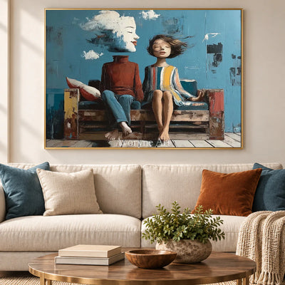 Where the Wind Sits: Blue Dreamlike Couple on Bench Wall Art — living gold