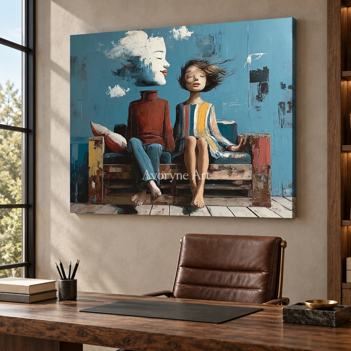 Where the Wind Sits: Blue Dreamlike Couple on Bench Wall Art — office frameless