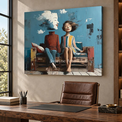 Where the Wind Sits: Blue Dreamlike Couple on Bench Wall Art — office frameless