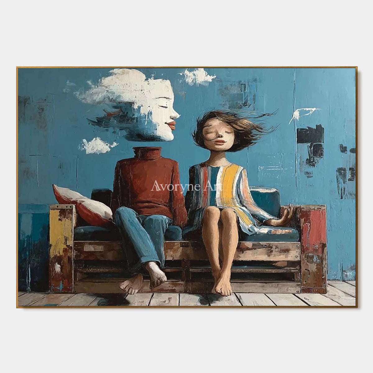 Where the Wind Sits: Blue Dreamlike Couple on Bench Wall Art — primary