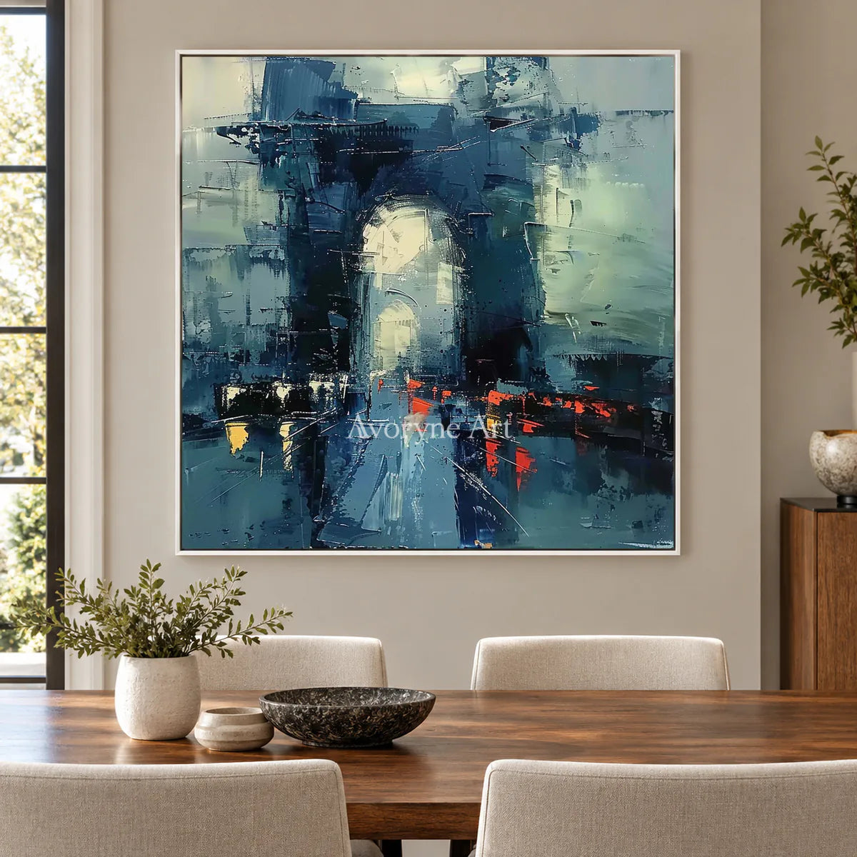 Cobalt Gateway: Blue Expressionist Cityscape Wall Art — dining white