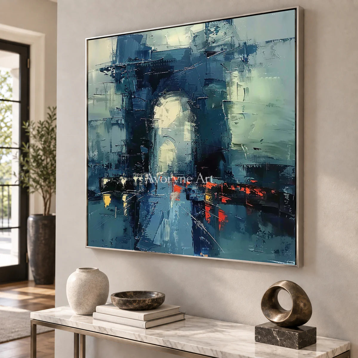 Cobalt Gateway: Blue Expressionist Cityscape Wall Art — entry silver