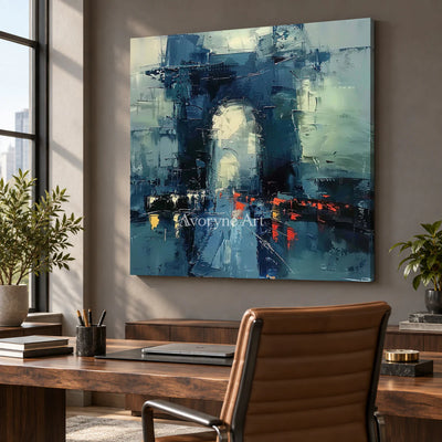 Cobalt Gateway: Blue Expressionist Cityscape Wall Art — office frameless