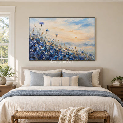 Cornflower Glow: Blue Floral Landscape Wall Art — bedroom black