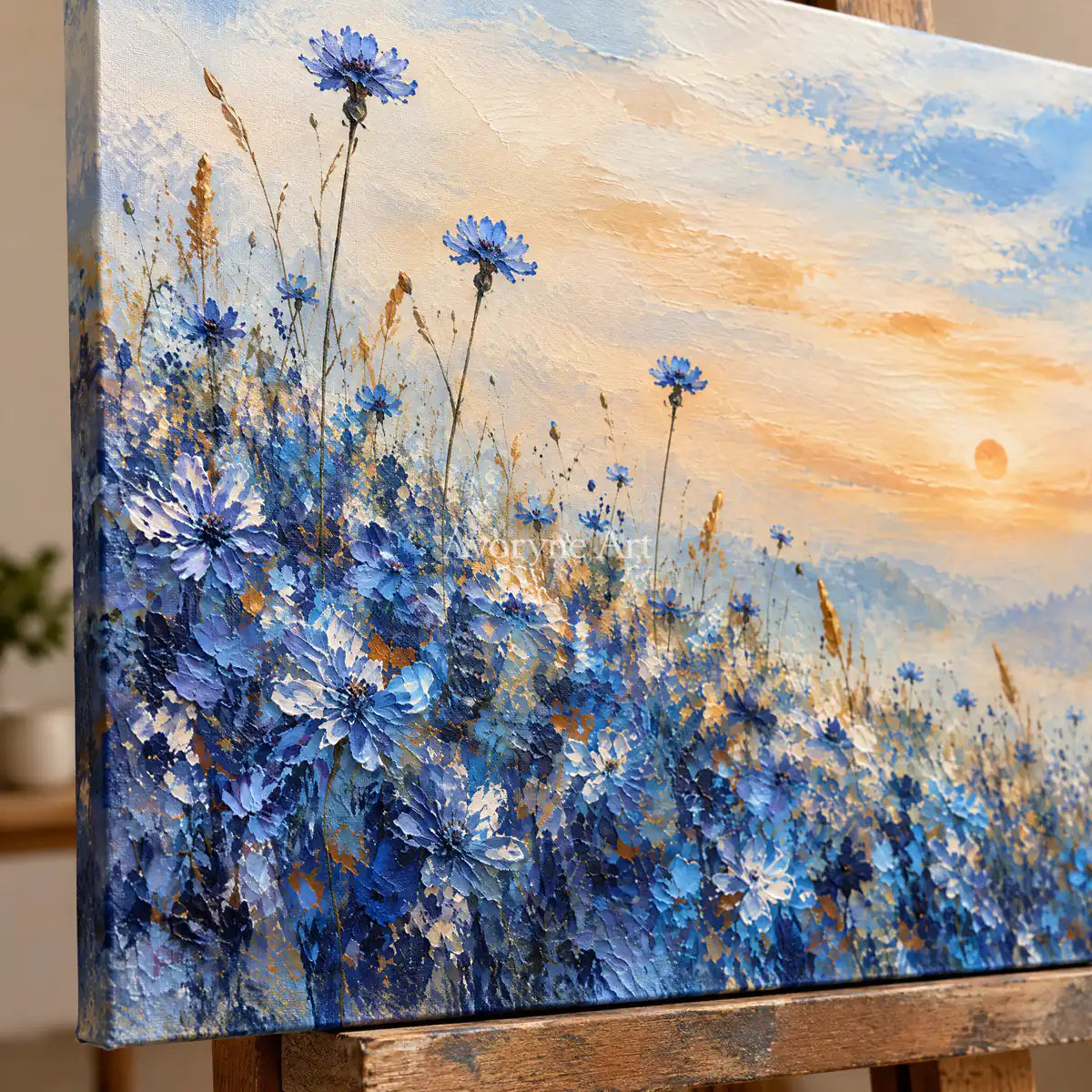 Cornflower Glow: Blue Floral Landscape Wall Art — detail easel