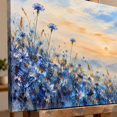 Cornflower Glow: Blue Floral Landscape Wall Art — detail easel