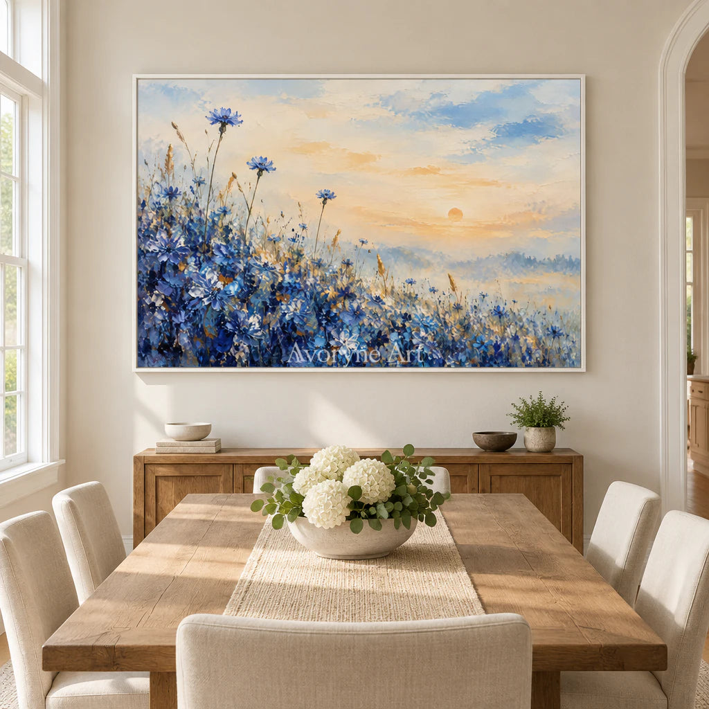 Cornflower Glow: Blue Floral Landscape Wall Art — dining white