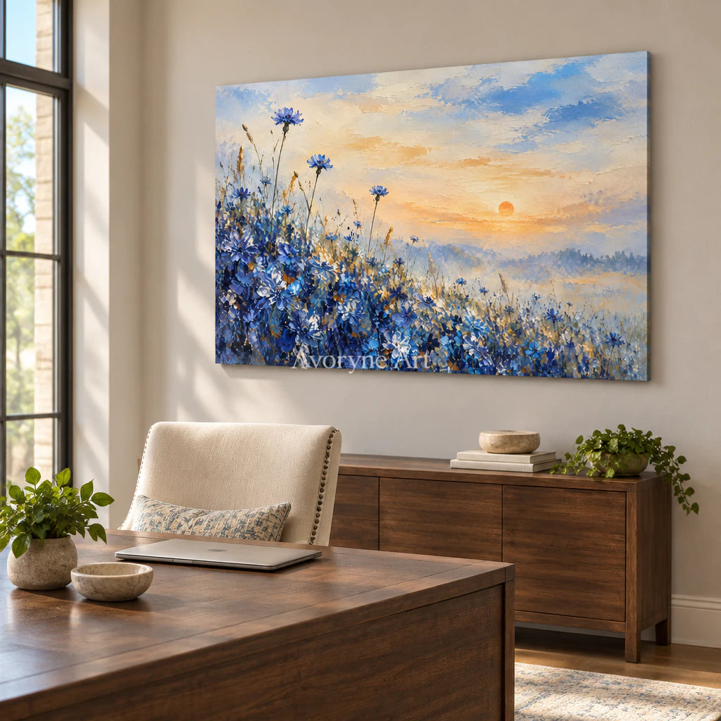 Cornflower Glow: Blue Floral Landscape Wall Art — office frameless