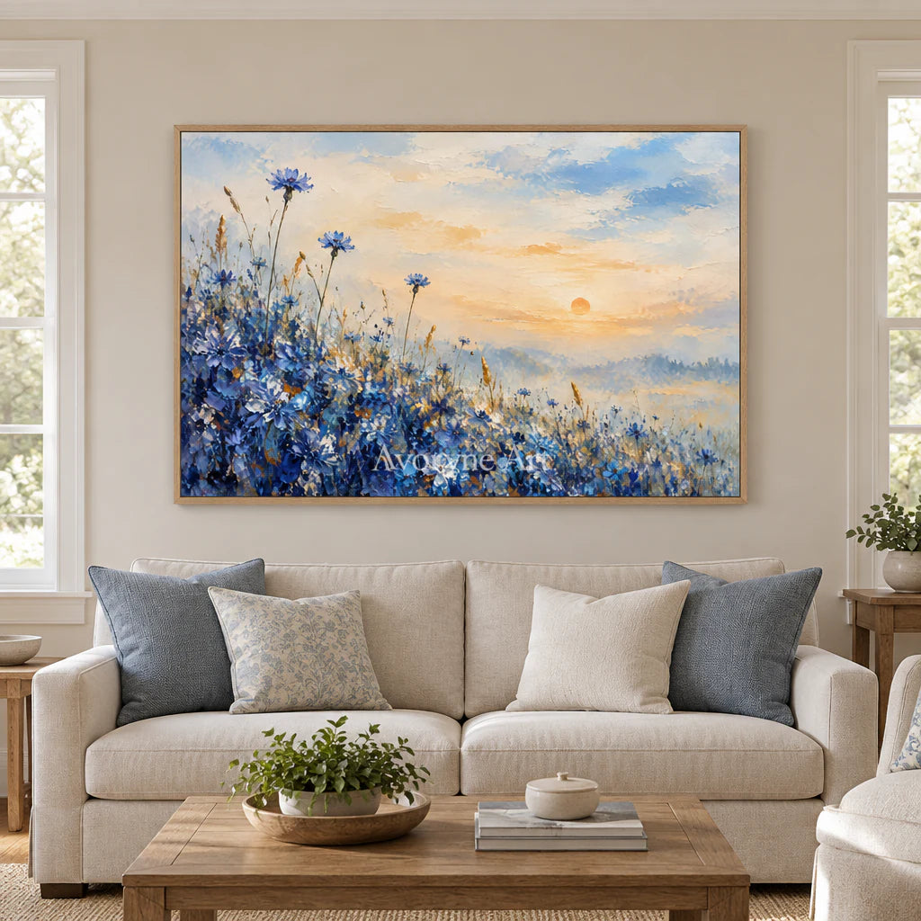 Cornflower Glow: Blue Floral Landscape Wall Art — villa wood