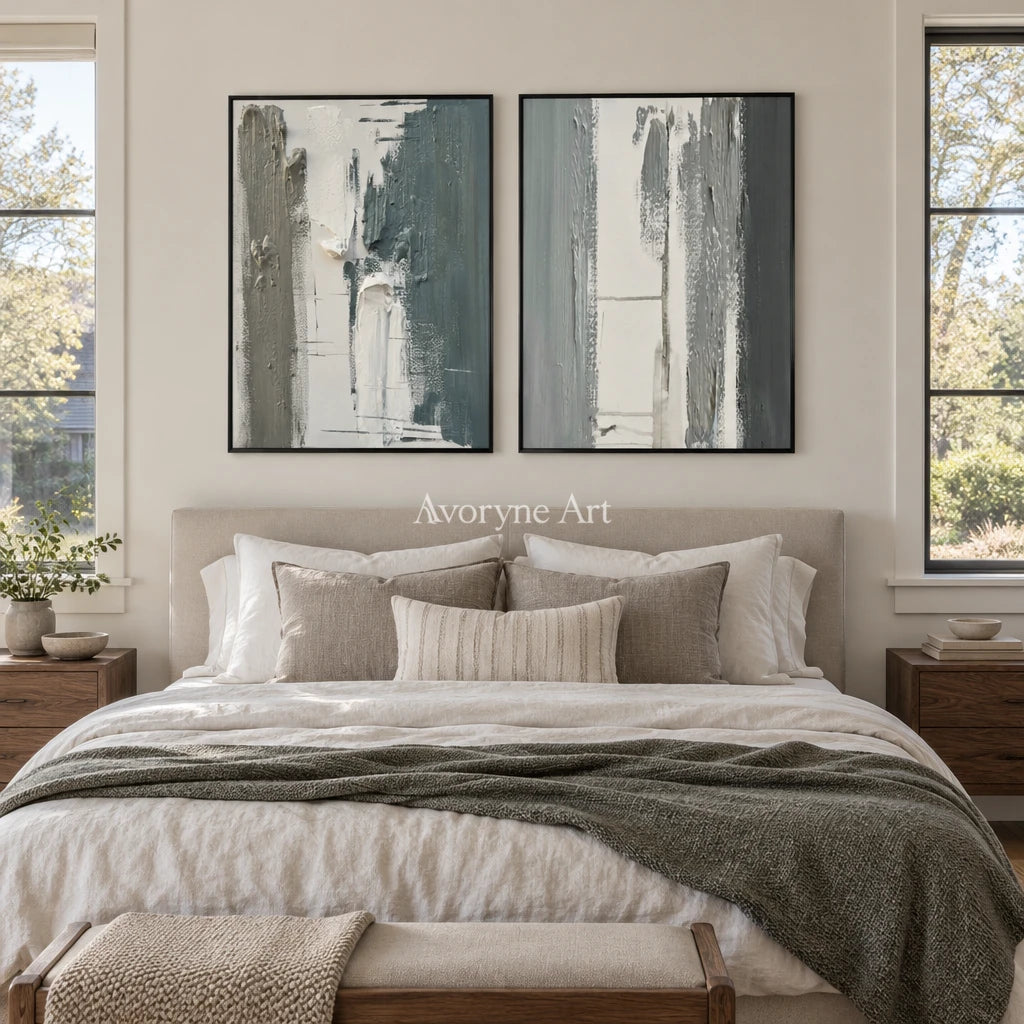 Muted Mosaic blue flow texture diptych with a black frame above a bed in a bedroom