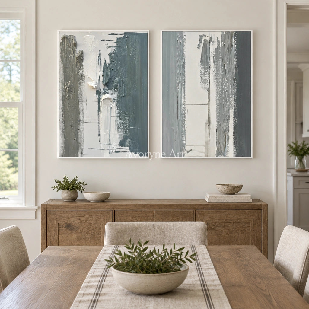 Muted Mosaic blue flow texture diptych with a white frame in a dining room