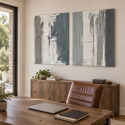 Muted Mosaic blue flow texture diptych as a frameless stretched canvas in a home office