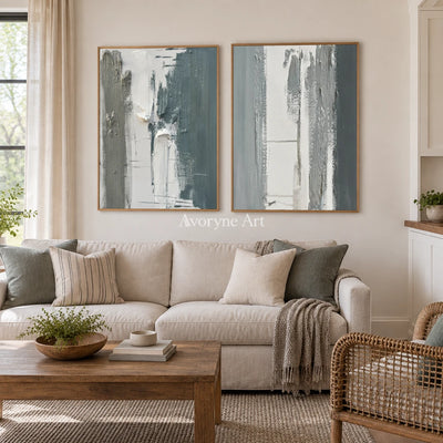 Muted Mosaic blue flow texture diptych with a wood frame in a villa living space