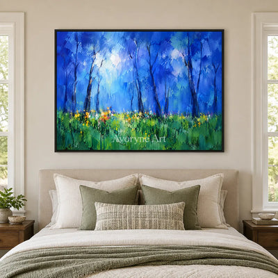 Bluewood Dawn: Blue Forest Landscape Wall Art — bedroom black