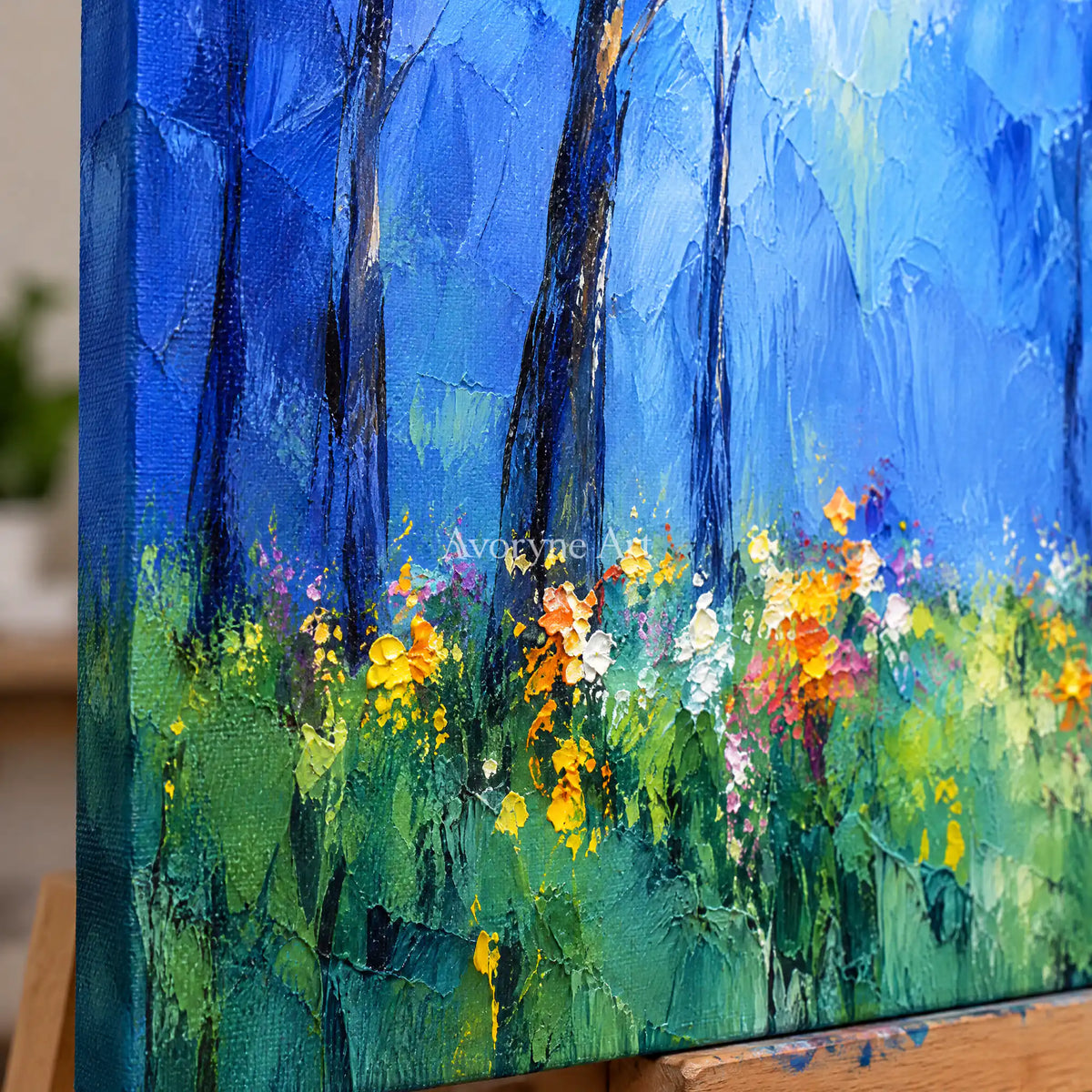 Bluewood Dawn: Blue Forest Landscape Wall Art — detail easel
